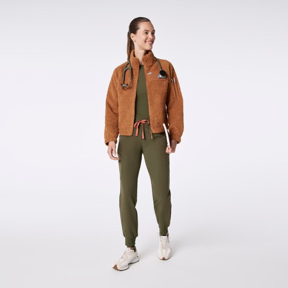 New Figs Womens sz Large On-Shift High Pile Fleece Bomber Jacket - Picture 2 of 5